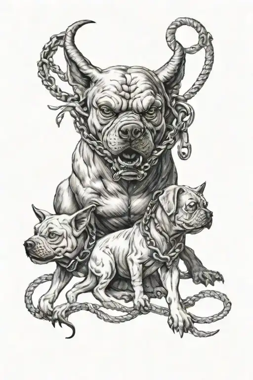devil holding the leash to a three-headed dog  tattoo design idea