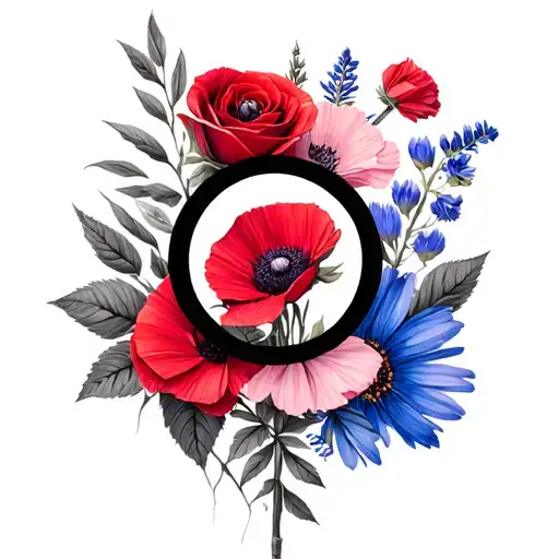 +BAMBA bamboo font, +PINK COSMO, +PINK BLOSSOM, +BLUE LARKSPUR, +RED POPPY, +RED ROSE, +PURPLE ASTER, +THORNS, 3D cross, tattoo design idea