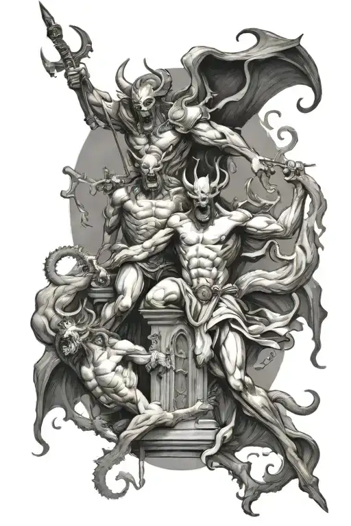 church and demons fighting tattoo design idea
