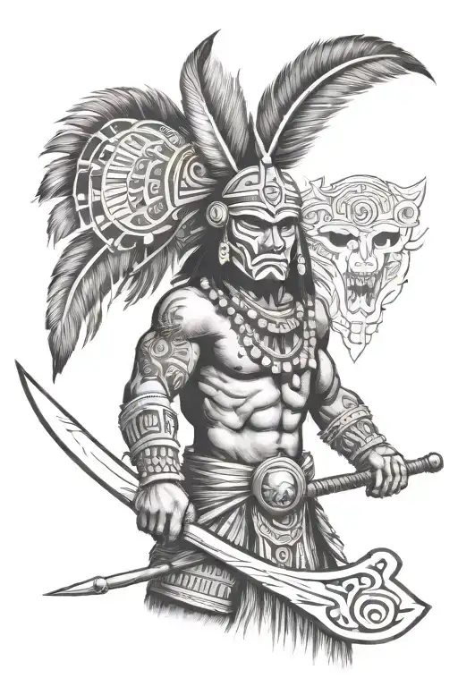 perto rican male taino warrior wearing a vejigante mask while weilding a spear and shield tattoo design idea