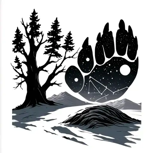 Bear Paw, with a tree half winter half spring, and the ursa minor constellation tattoo design idea