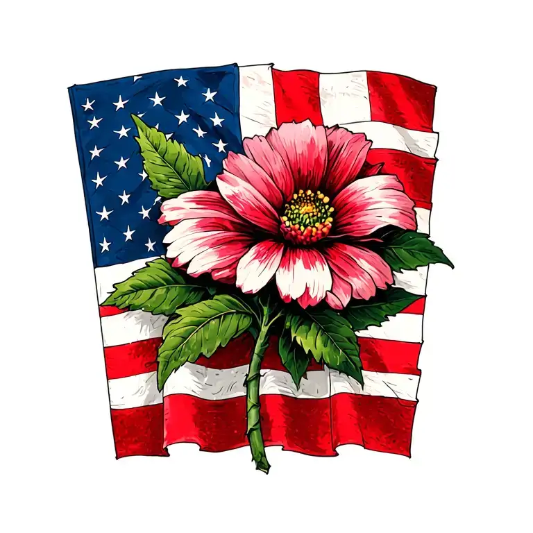 generate a small tattoo for a female of a flower with the danish and american flag as leaves tattoo design idea