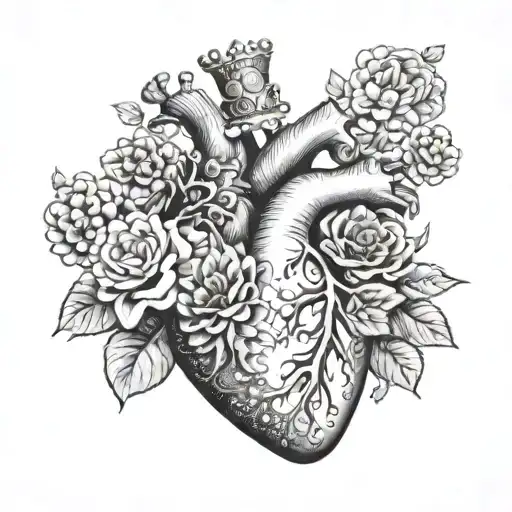 anatomical heart with mushrooms,  flowers, and crown tattoo design idea