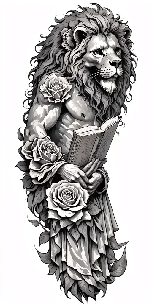 lion, death, rose, Greek god atlas holding open book surrounded tattoo design idea