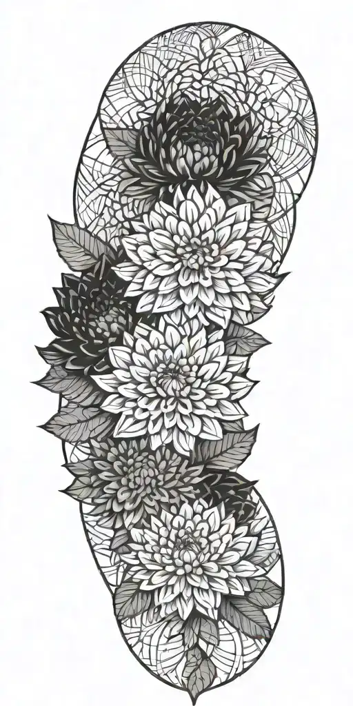 chrysanthemum with geometric background black (longer leaves) tattoo design idea