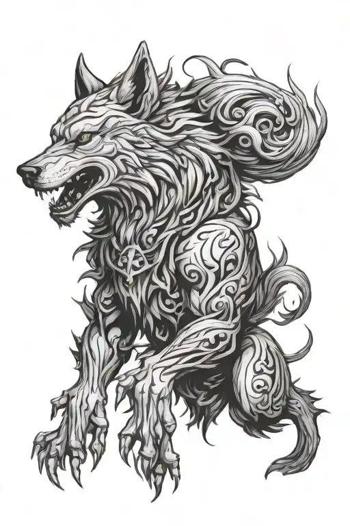 Theme: Gothic Seven Deadly Sins with a fierce wolf.Main Element: A menacing wolf with sharp, intense features. Its fur  tattoo design idea