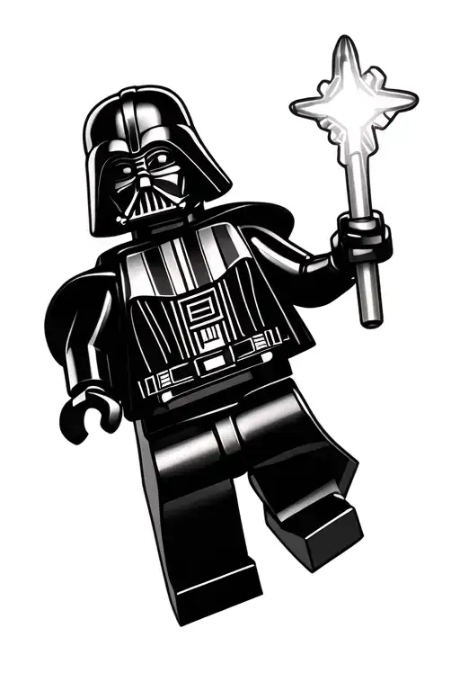 Darth Vader LEGO minifigure tattoo, captured in a dynamic mid-run pose holding a magicians magic wand in his right hand tattoo design idea