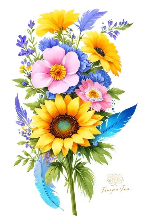 violets, primroses, asters, sunflowers, wild flowers with cream light blue and pink boho feathers tattoo design idea