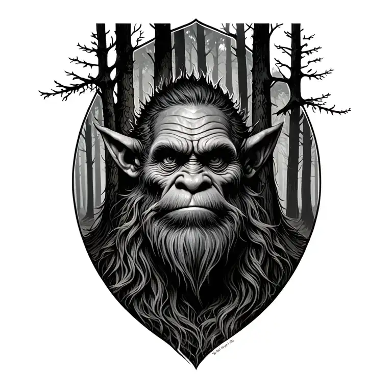 norwegian troll in old forest trees looking tattoo design idea