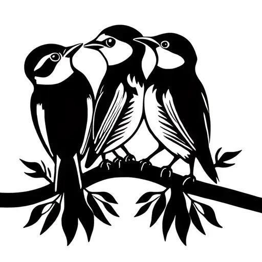 woodpecker, nuthatch and chickadee on a branch, native american styling tattoo design idea