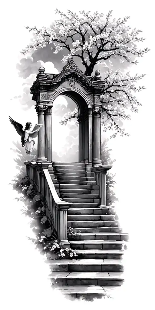 stairway to heaven gates with angels and cherry blossom tree tattoo design idea