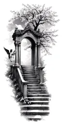 stairway to heaven gates with angels and cherry blossom tree tattoo design idea