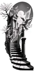 stairway to heaven gates with angels and cherry blossom tree tattoo design idea