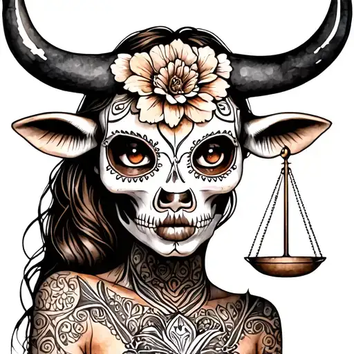 woman body bull with sugar skull markings, brown eyes and two Libra scales with extra dark background tattoo design idea
