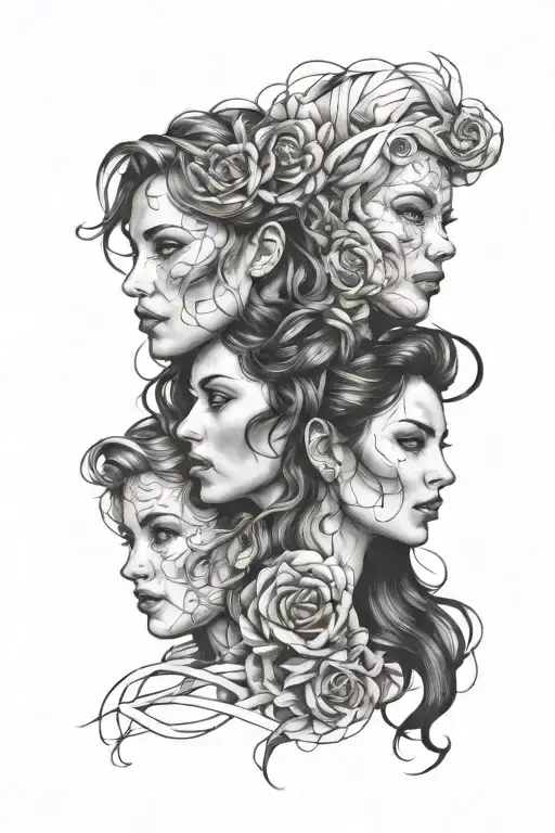 three girl faces overlapping to make tattoo design idea