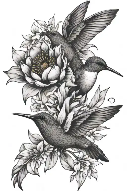 hummingbird, peony, sunflower, bird of paradise tattoo design idea