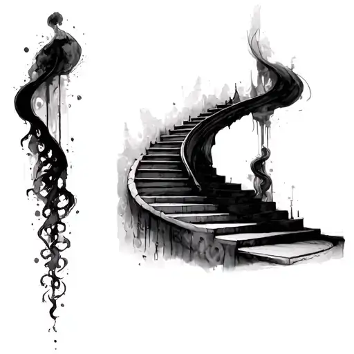 A long vertical tattoo running down the inside forearm: Top: a thin, ascending staircase or ladder Middle: a silhouette tattoo design idea