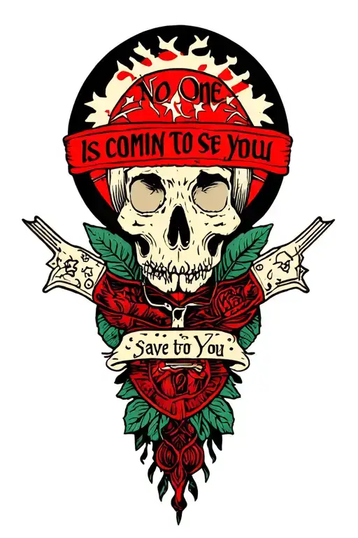 symbolic/gothic, color, with the words "no one is coming to save you" tattoo design idea