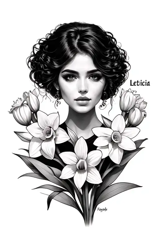 Name "Leticia" on top of daffodils tattoo design idea