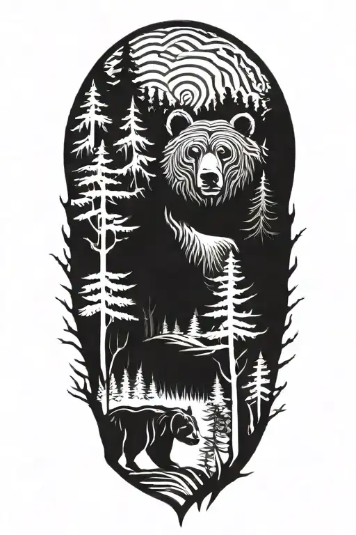 forest with bear tattoo design idea