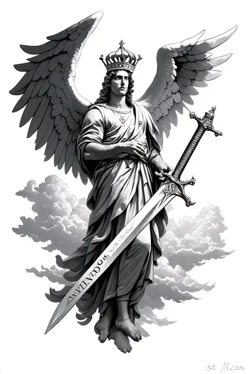 st Michael arch angel with crown and clouds and sword and name enzo tattoo design idea