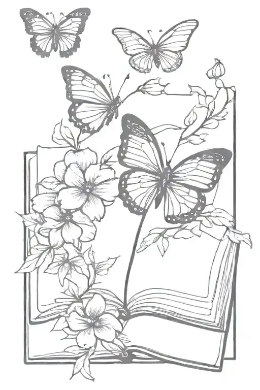 open book with flowers and cute lines and butterfly tattoo design idea