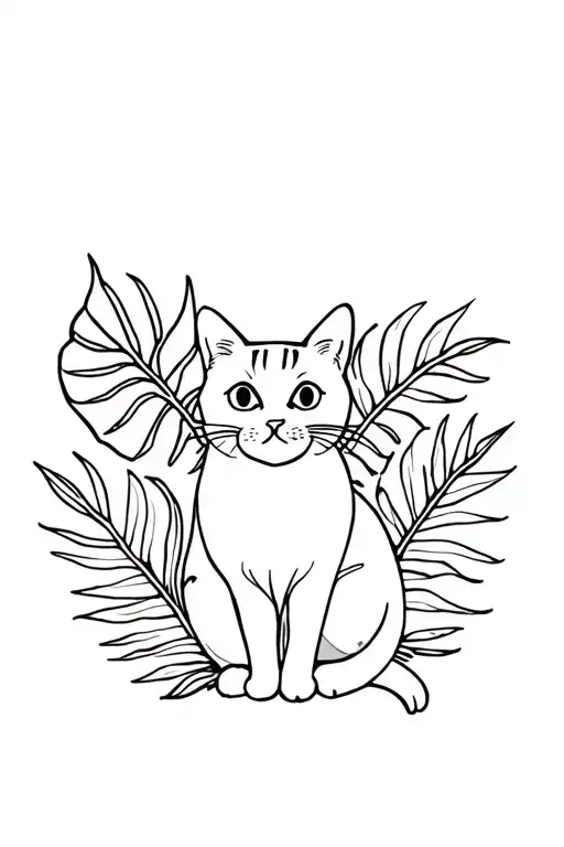 monstera leaves and cat sitting drawing style tattoo design idea