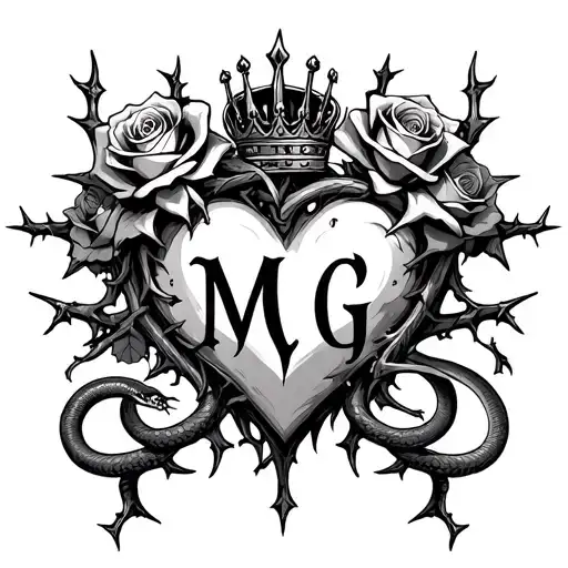 "M G" Gothic-style heart entangled with thorns, topped with a crown, four roses, and two angry snakes with Gothic-style letter tattoo design idea