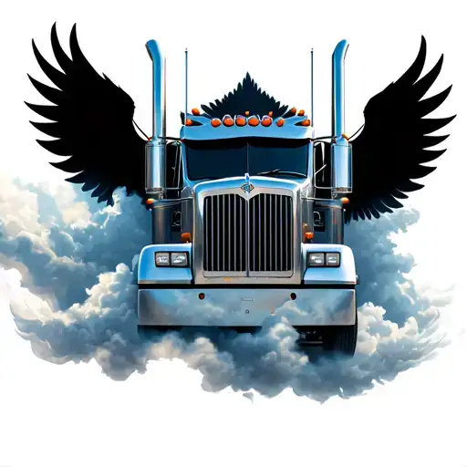 kenworth semi driving through the cloud with angel wings flying  tattoo design idea