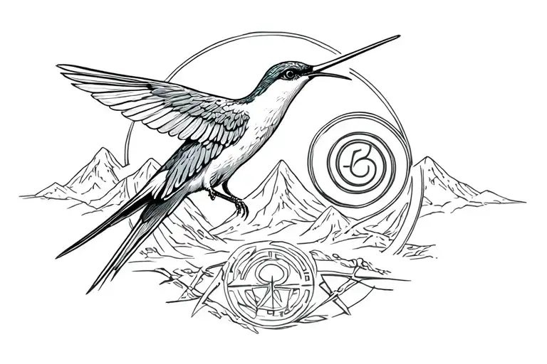 Colibri surrounded by egyptian and viking 5 pinned spiral symbols of force and freedom in natural background mountain tattoo design idea