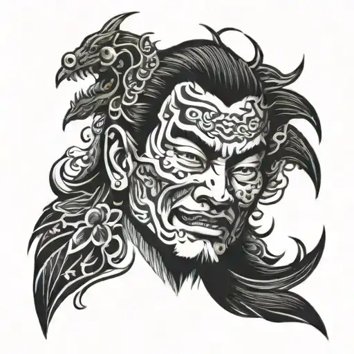 A striking yakuza-style tattoo that seamlessly merges traditional Japanese and Christian themes. At its core, a fierce J tattoo design idea