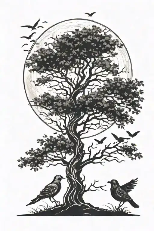 two trees growing entwined with birds silhouetted. moon in background  tattoo design idea