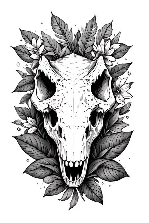 spinosaurus skull surrounded by leaves and floral designs tattoo design idea