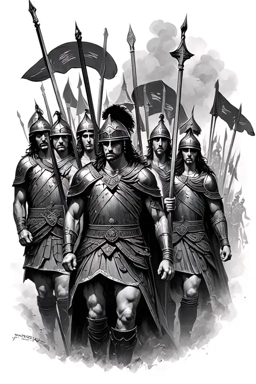 Roman legion lined for battle scene, in a line tattoo design idea