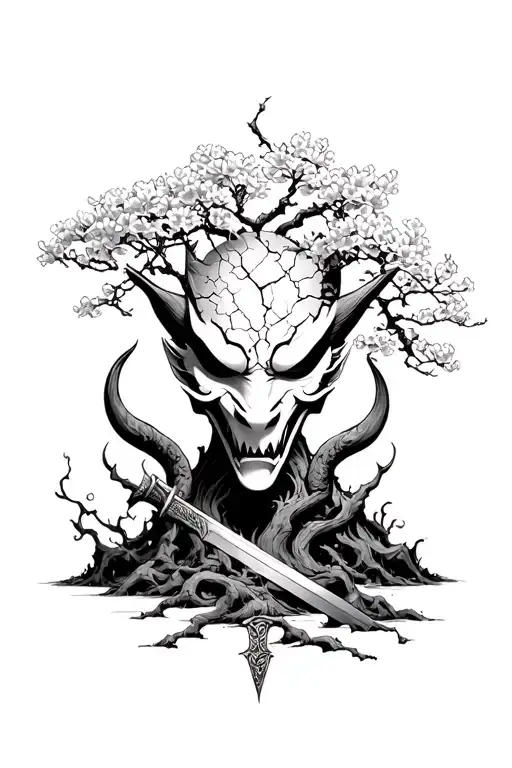 full oni mask with a crack in forhead and a cherry blossom bonsai tree comeing out of the crack all pierced with a sword tattoo design idea
