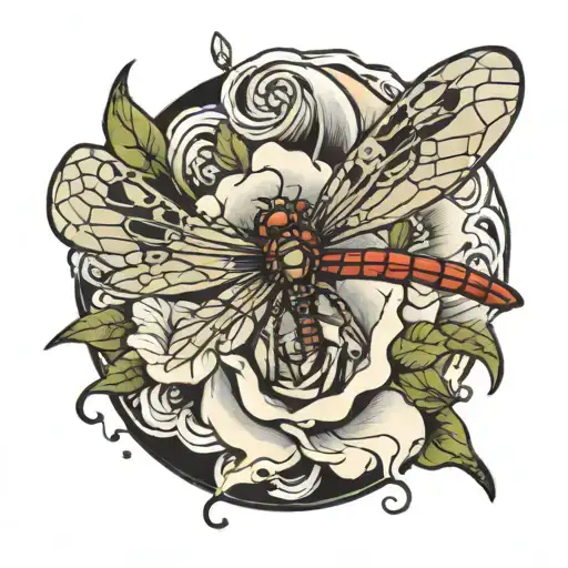 extra small single flower with a dragon fly   tattoo design idea