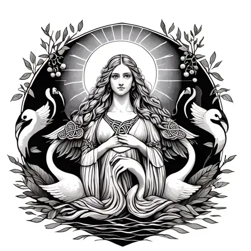 fair haired Celtic Goddess, Aine. surrounded by Swans, rowan berries and the sun tattoo design idea