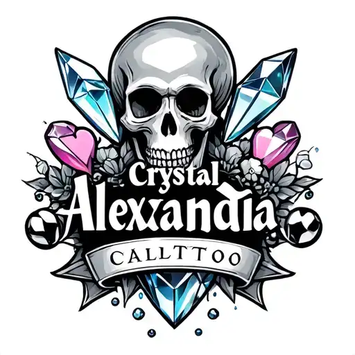 "Crystal Alexandra" skulls and crystals and hearts behind the name tattoo design idea