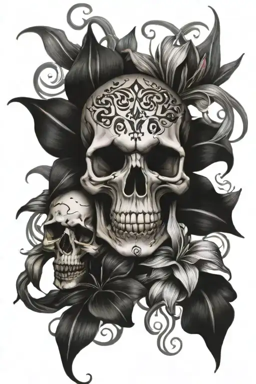 skull and lilies intertwined vines tattoo design idea