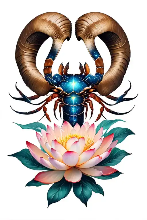 Aries constellation, Scorpio sign, lotus flower blooming tattoo design idea