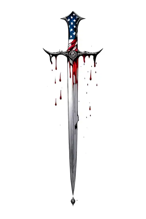 upward hilt blood dripping and tattered usa flag and sharp long blade tattoo design idea