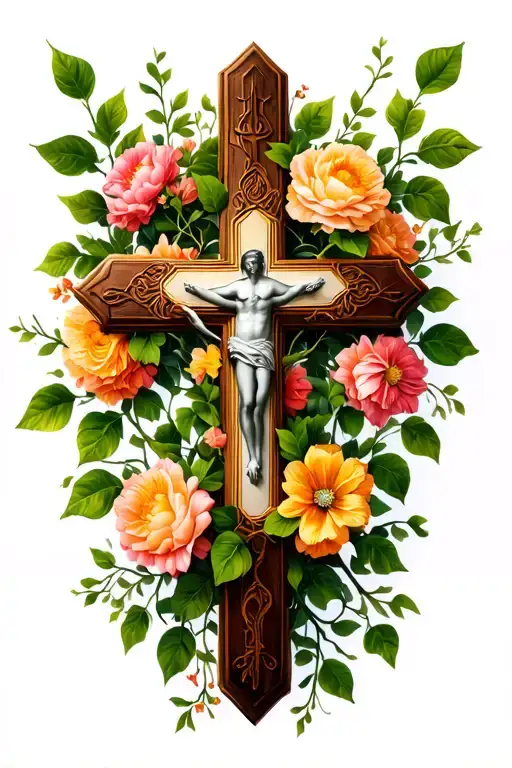 catholic cross wrapped in flowers and vines tattoo design idea