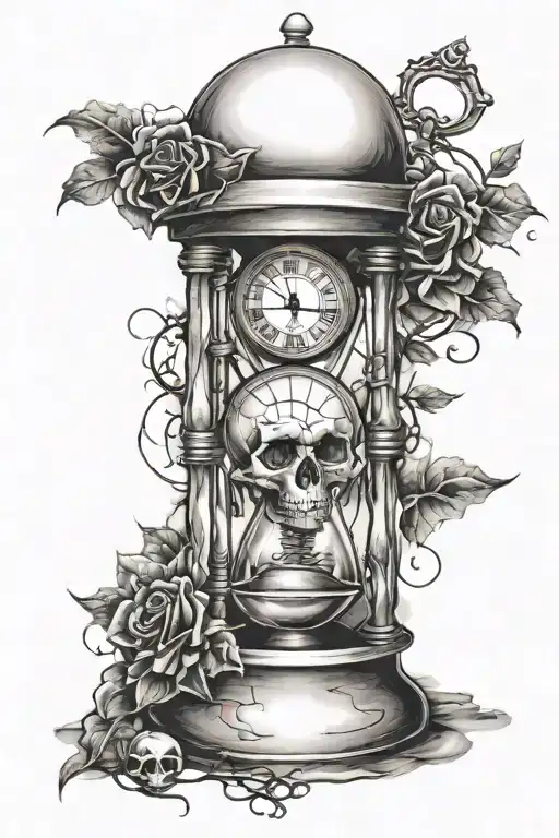 hourglass with clock on top and skull on bottom with barbed wire around it tattoo design idea