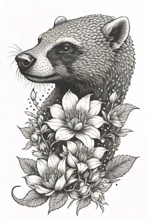 honey badger flowers tattoo design idea