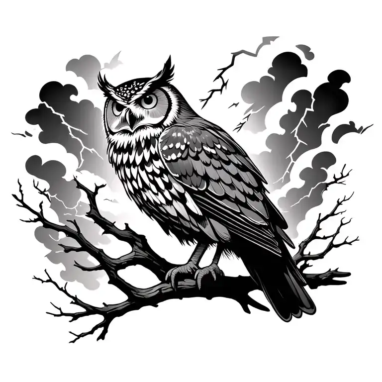 owl perched on tree branch with lightning and storm clouds in background tattoo design idea