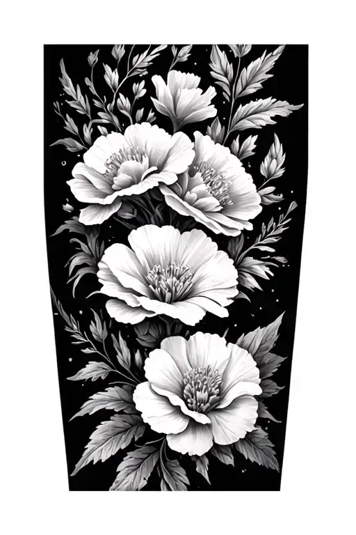 black and white with some shading not harsh full wrap around forearm sleeve floral work using carnation, primrose, daffo tattoo design idea