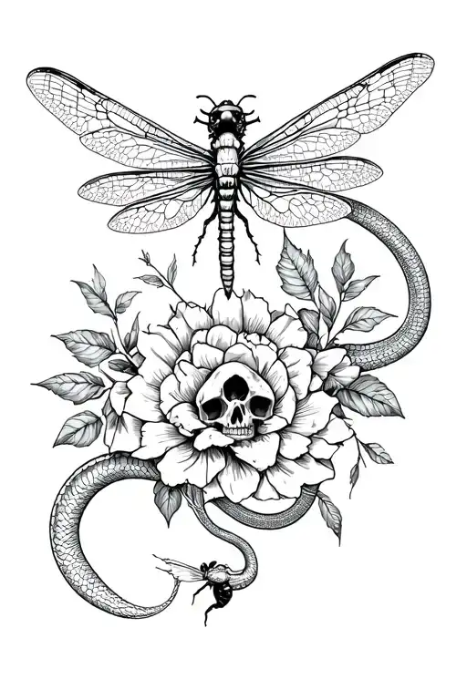 REALISTIC/SYMBOLIC, DRAGONFLYS, DRAGONS, QUOTES, BEES, SNAKES, SKULLS, SKELETON, FLOWERS, LEG/KNEE/SHIN, FINE LINE tattoo design idea