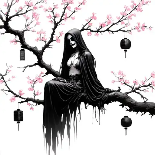 female grim reaper sitting on a blossom tree branch that has Japanese lanterns hanging from the branch  tattoo design idea