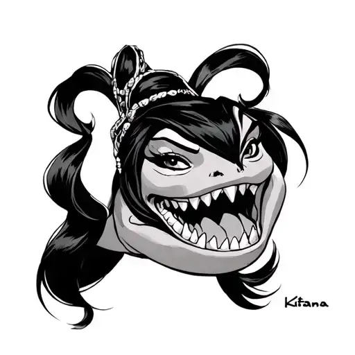 Princess Tiana from princess and the frog dressed as kitana from mortal combat with her teeth showing in fighting stance tattoo design idea