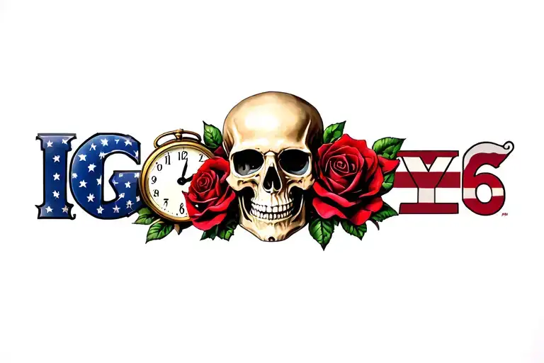 Skull, roses, clock, letters 'IGY6' us flag tattoo design idea